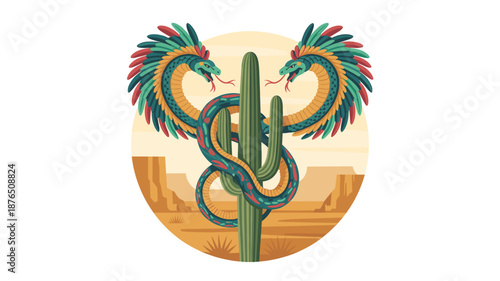 A vibrant illustration of two colorful snakes wrapped around a cactus in a desert landscape