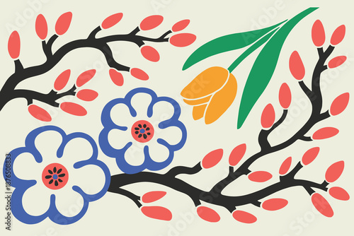 Stylized botanical pattern featuring blooming spring flowers and decorative branches perfect for a cheerful artistic background