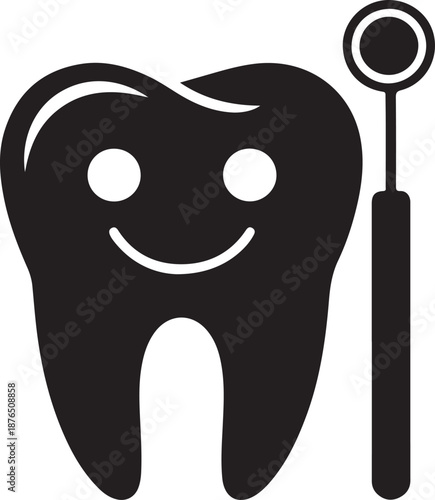 Smiling Tooth Icon with Dental Mirror for Oral Health and Pediatric Dentistry