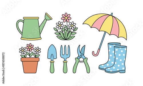 Spring gardening tools, watering can, umbrella, boots set