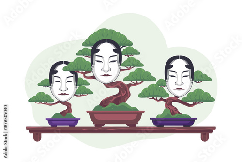A minimalist vector illustration of three bonsai trees with human faces on a wooden shelf