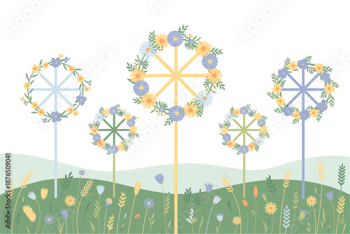 A colorful illustration of windmills with floral wreaths in a serene landscape