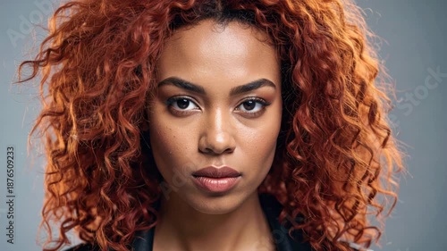 Close-up portrait of a young woman with vibrant red curly hair and confident gaze
