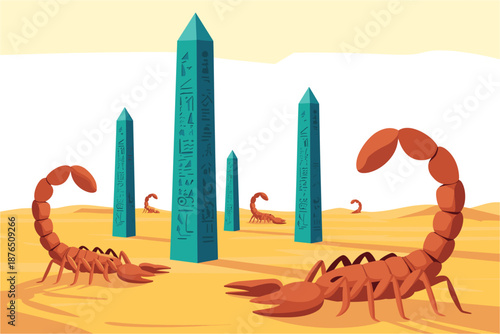 A vector graphic illustration of scorpions in a desert landscape with ancient Egyptian obelisks