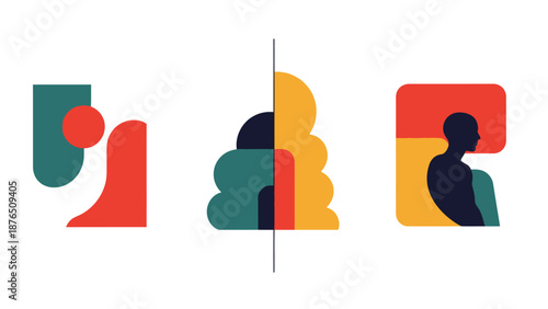 Minimalist silhouette meditating under geometric light rays in vibrant gradient background