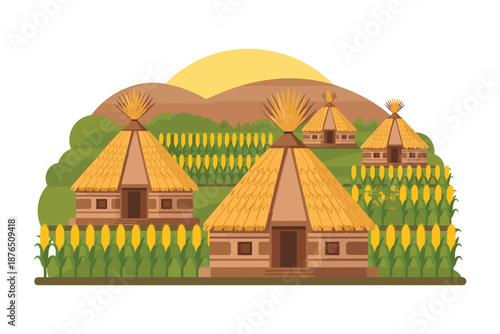 A vibrant illustration of a rural village with thatched huts and cornfields at sunset