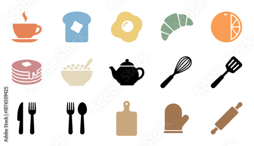 Set of colorful breakfast food and kitchen utensil icons in a minimalist flat design style, featuring a coffee cup, fried egg, pancake, croissant, teapot, and cooking tools