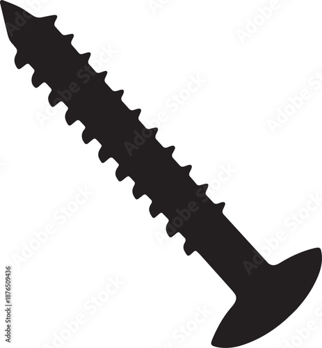 Black silhouette of a single wood screw with sharp threads and a flat head on a white background