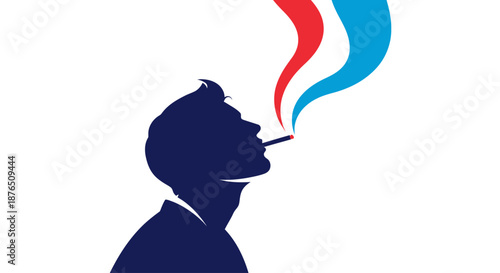 Silhouette of Person Smoking with Vibrant Red and Blue Smoke on Black Background