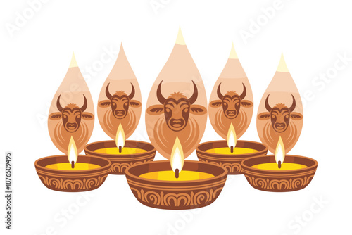 A vector graphic illustration of six lit diyas with bull designs on a white background