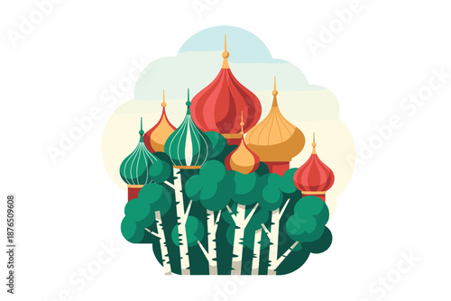 A colorful illustration of a Russian-style building with domes and trees