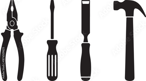 Black silhouette of pliers screwdriver chisel and hammer tools on white background