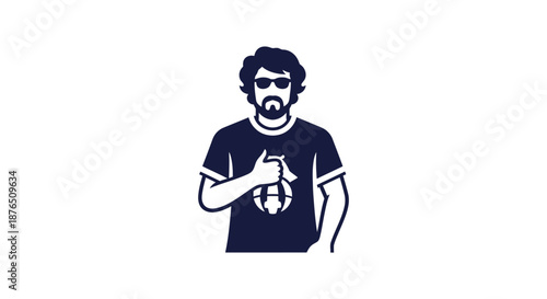 Angry Man Shouting and Pointing Finger in Dark Blue T-Shirt with Sunglasses at Night