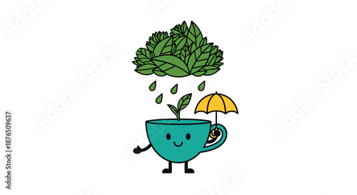 Happy Tea Cup with Cannabis Plant Growing Under Umbrella for Wellness and Relaxation Concept