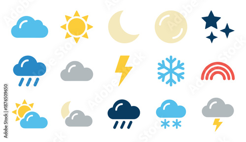 Colorful set of flat weather forecast icons representing various meteorological conditions like sun, rain, clouds, snow, storm, moon, and stars for climate infographics