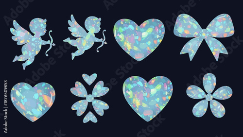 Holographic opal gemstone icons, set of 8 iridescent cupid and heart elements, pearlescent blue aesthetic stickers for Valentine's Day design