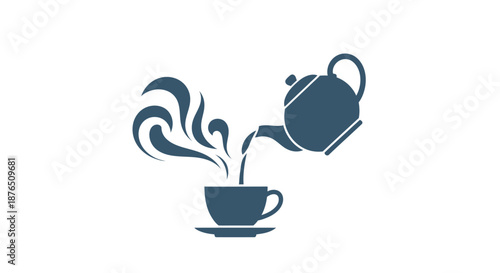 Hot Coffee Cup with Steaming Brew and Teapot Icon on Dark Minimalist Background