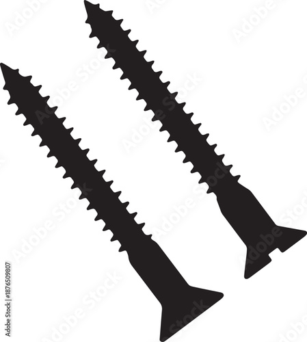 Two Black Wood Screws Pointed Upward on a White Background fastener hardware