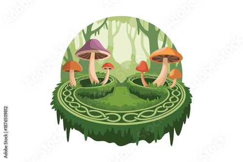 A vibrant illustration of mushrooms growing in a mystical forest clearing with Celtic knotwork
