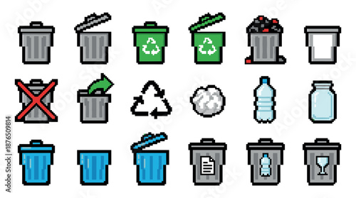 Pixel art icon set of trash cans, recycling bins, and waste items for sorting garbage, featuring a retro 8-bit video game style with various container designs and symbols