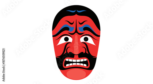 Angry Japanese Noh Theater Mask with Fierce Expression on Black Background