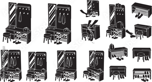 Black and white illustration of various office furniture sets