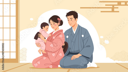 Japanese family with baby wearing traditional kimonos, showing cultural heritage for family designs and activities.