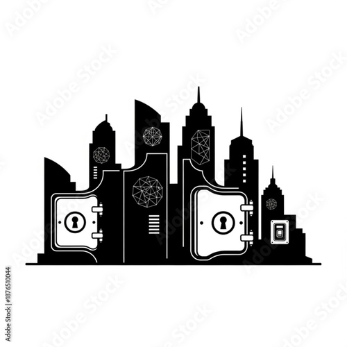 Secure cityscape with safe and keyhole locks in modern skyline