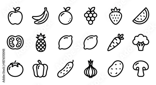 Large collection of fruit and vegetable icons in a simple black outline style, including apple, banana, strawberry, carrot, and tomato for healthy eating concepts