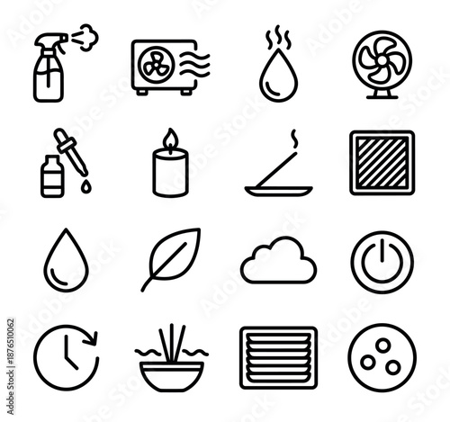 Set of black line icons representing air quality, purification, and aromatherapy with symbols for a fan, conditioner, diffuser, and candle in a minimalist vector style