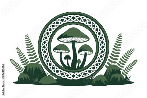 A green vector graphic illustration of mushrooms and ferns in a circular Celtic knot design
