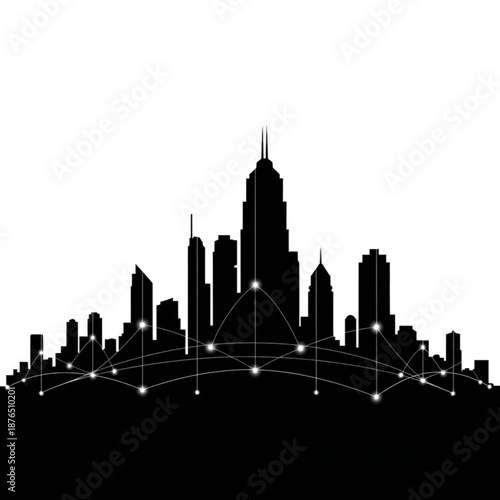 Modern cityscape with sleek skyscrapers and network connections