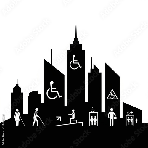 Accessible cityscape with disability symbols and people