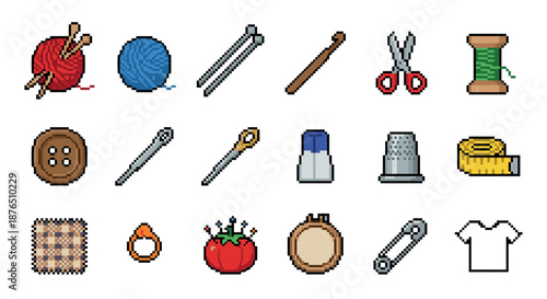 Pixel art icon set of sewing and knitting tools for crafting and needlework, featuring yarn, needles, scissors, and a thimble in a retro 8-bit video game style illustration