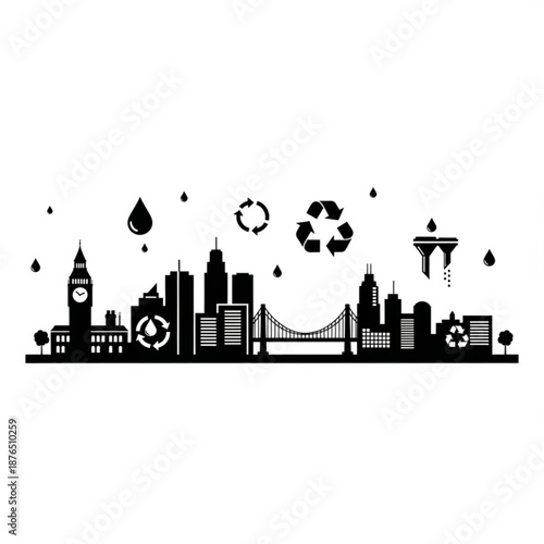 Eco-friendly cityscape with recycling symbols and water droplets