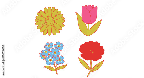 Vibrant Watercolor Flowers Set: Yellow Daisy, Pink Tulip, Blue Forget-Me-Nots, Red Poppy Illustration