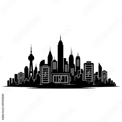 Modern cityscape with battery icons and skyscrapers at dusk