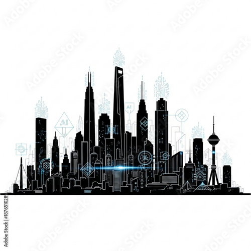 Futuristic cityscape with sleek skyscrapers and neon lights