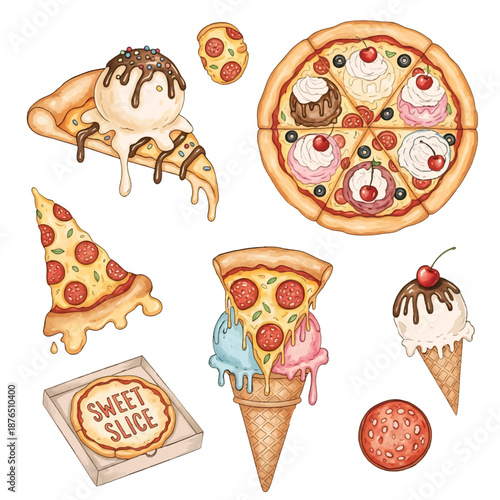 A colorful vector set of cartoon pizza illustrations with cheese, pepperoni, and Italian food elements