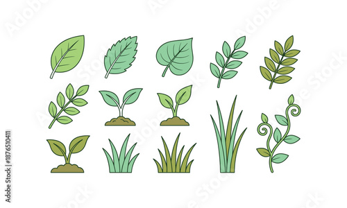 Spring leaves and grass set bundle spring green plants and stems icon
