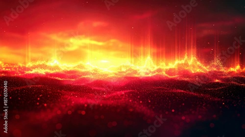 Fiery abstract landscape with glowing particles and light beams
