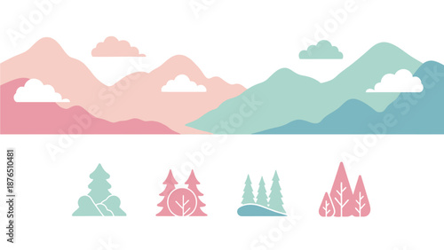 Pastel Mountain Landscape with Trees and Clouds Illustration