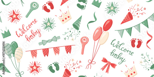 Vector seamless pattern with baby gender reveal party props. Illustration with balloons and confetti, rattles, and bows.