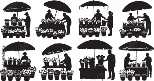 Silhouettes of people at outdoor flower market stalls selling