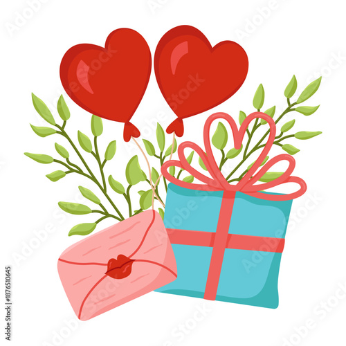 Romantic composition with  gift, an envelope with  kiss, and heart shaped balloons for Valentine's Day. Set of love symbols for various designs.
