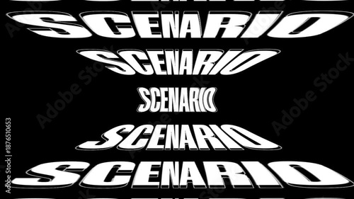 Concept Words Scenario, Trippy 3D Typography Motion Graphic Text Animation Seamless Loop on Black Background, Business and Scenario Concept Theme
