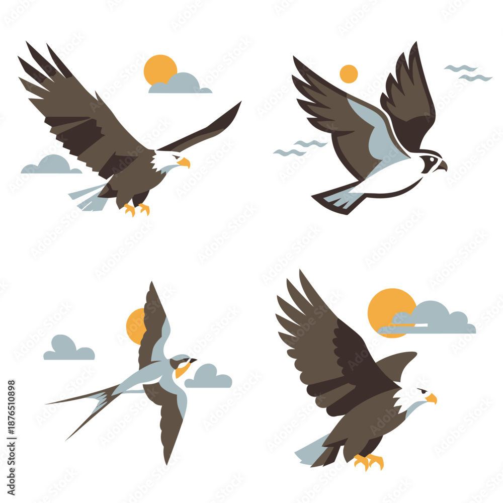 Obraz premium Bald Eagle Flying Over Mountain Peak at Sunrise with Snow and Waves Silhouette