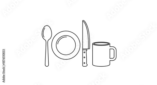 Minimalist black and white table setting with spoon, plate, knife, and coffee mug on dark background