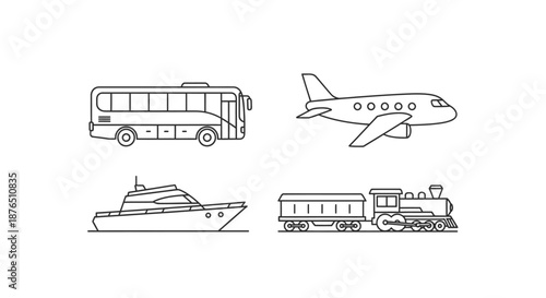 Set of Four Minimalist Transportation Vehicles Icons on Black Background