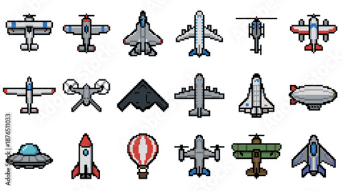 Large collection of pixel art aircraft and flying vehicles in a retro 8-bit video game style, featuring planes, jets, helicopters, a rocket, and a UFO for game assets